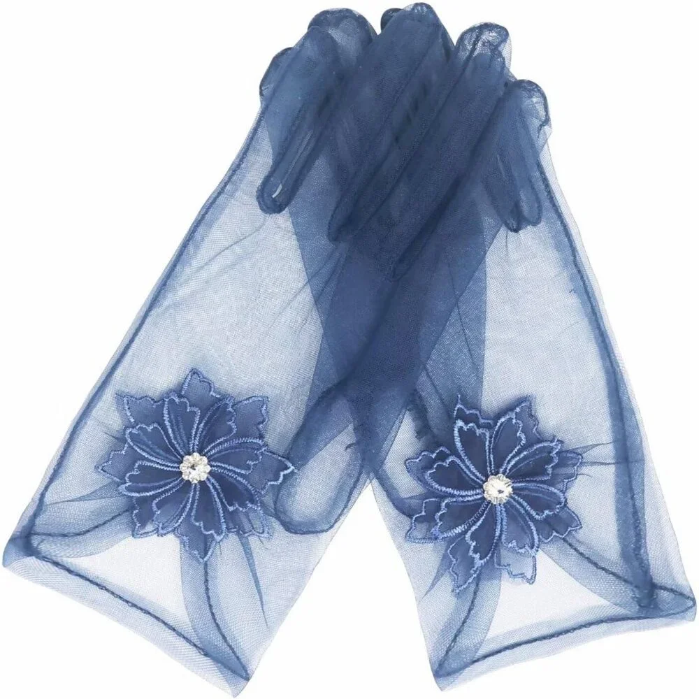 Women's Floral Navy Blue Diamond Flower Gloves Tulle Tea Opera Party Elegant